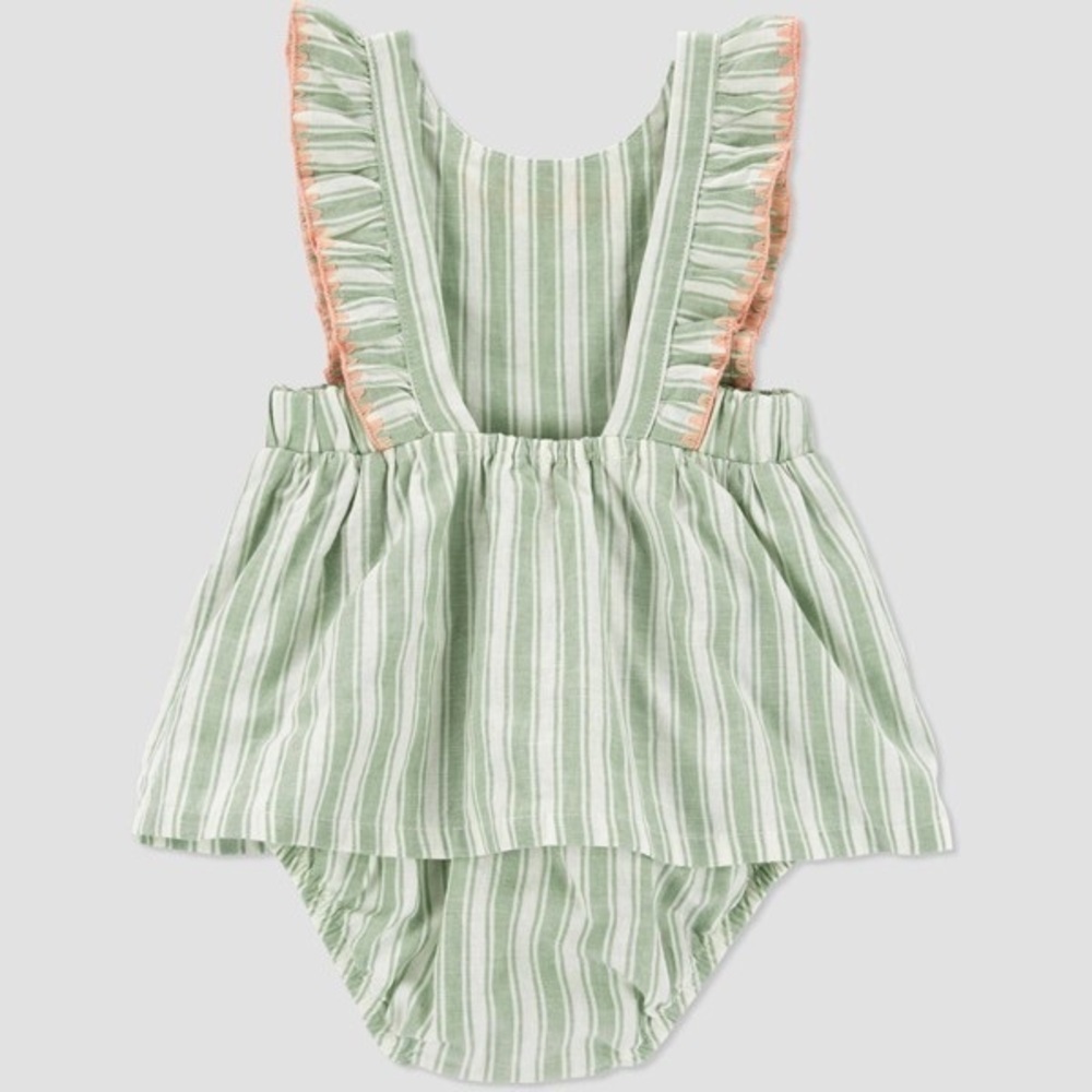 KIDS: Carter’s Just One You Baby Girls' Linen Striped Romper in Green - Picture 2 of 10